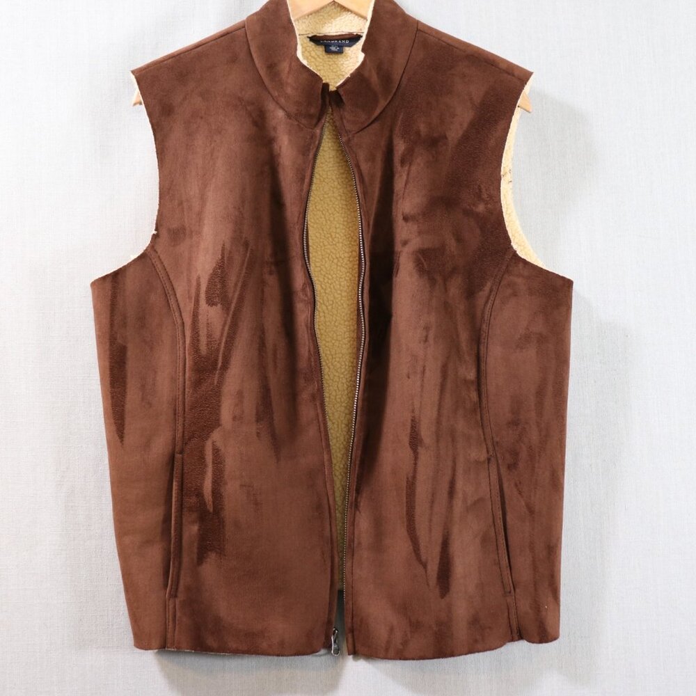 Lands End Faux Suede Sherpa Vest Women’s XL Petite 18-20 Brown Lined Full Zip - Picture 2 of 16